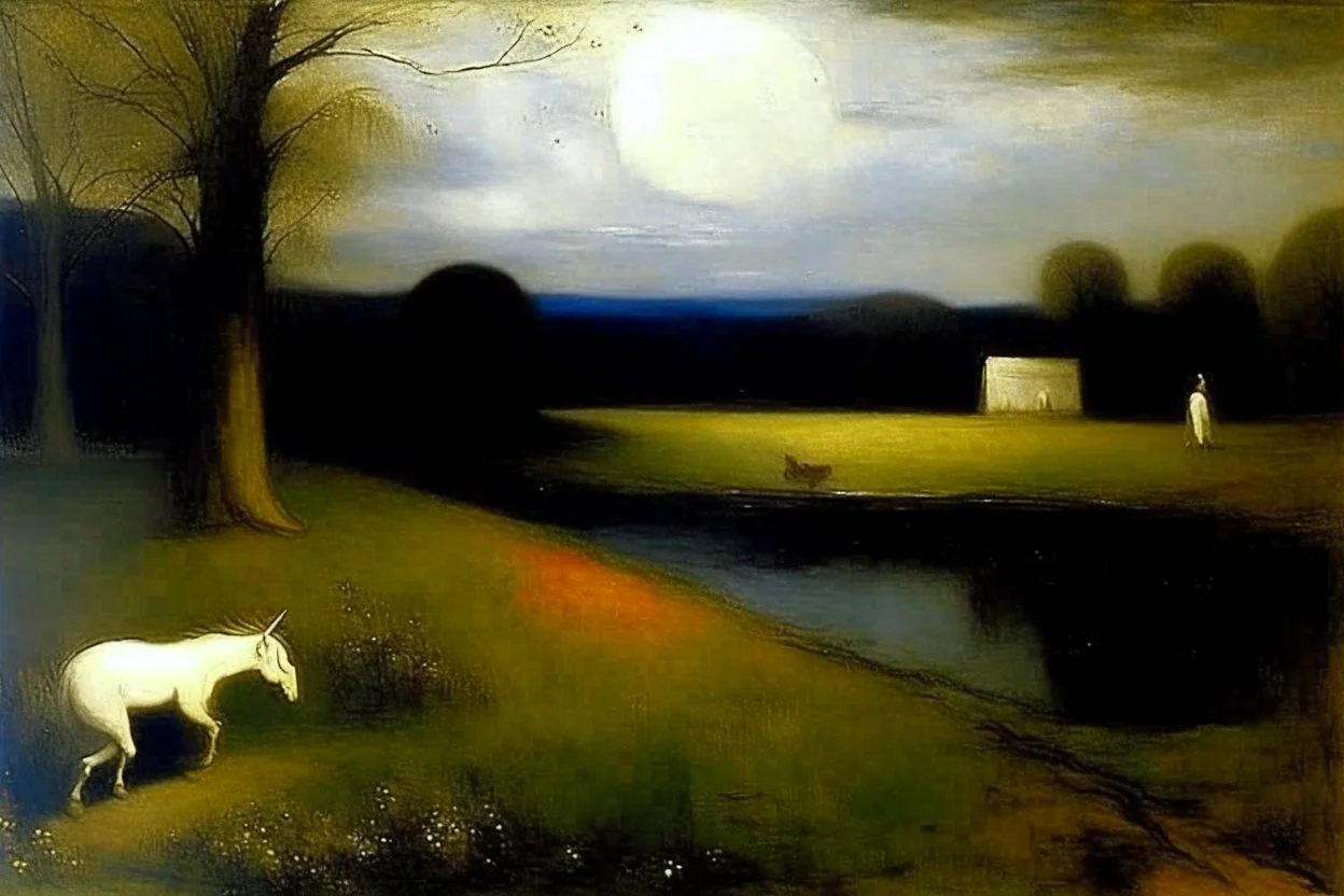 A white dream realm with shooting stars painted by Albert Pinkham Ryder