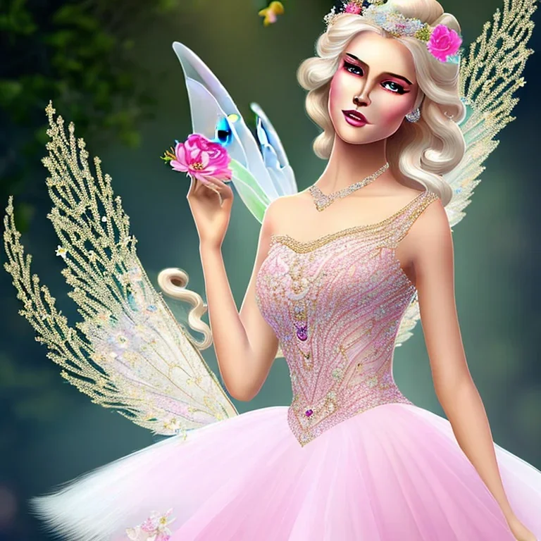 beautiful fairy with transparent wings, smiling, make up, long platinum blond hair with crown and flowers, pink dress