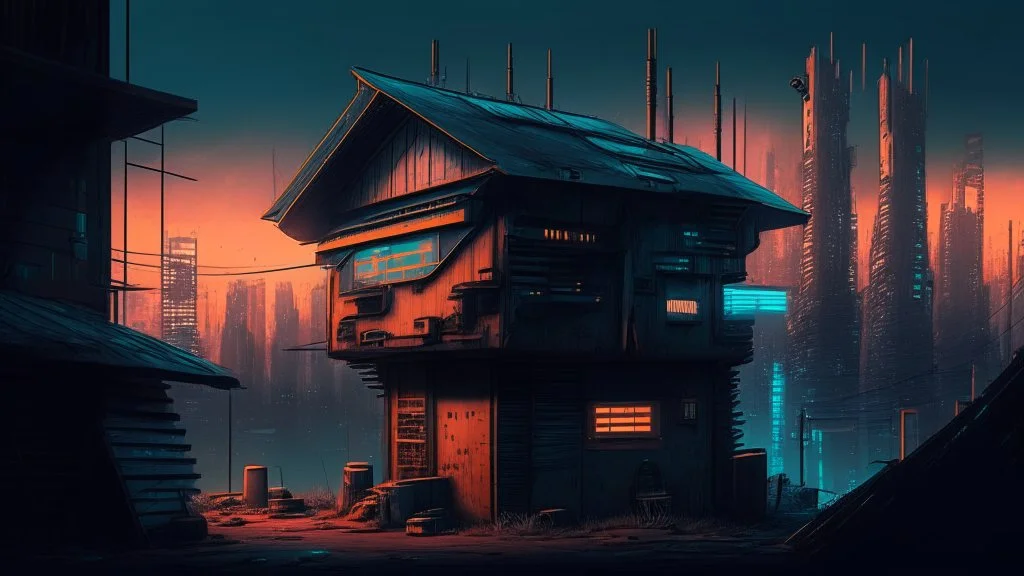 small Wooden Cabin, In cyberpunk city-skyline,