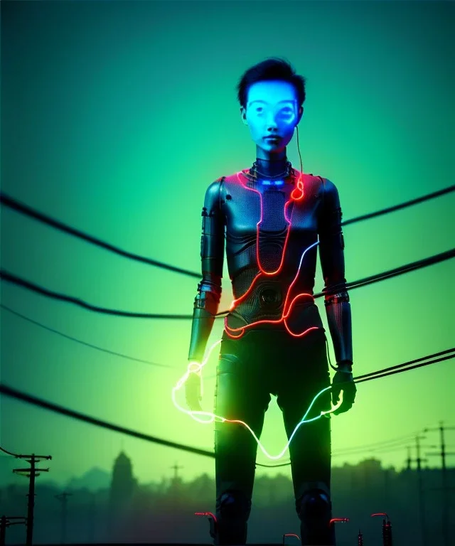 Ultra realistic photographic night portrait, cinematic, <3 Asian woman> <hanging wires> <retro computer screen> many wires coming out of the head <perfect pupil> <cyborg arm> <garage> <wide angle Shot> <sci-fi futuristic> <thriller>, neon lights, color fog, soft color, highly detailed, unreal engine 5, ray tracing, RTX, lumen lighting, ultra detail, volumetric lighting, high definition.