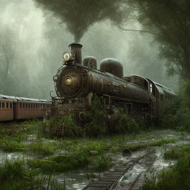 an abandoned train on tracks overgrown by nature with large puddles of water flooding part of tracks, 8k resolution, high-quality, fine-detail, intricate, digital art, detailed matte, volumetric lighting, illustration, 3D octane render, brian froud, howard lyon, selina french, anna dittmann, annie stokes, lisa parker, greg rutowski