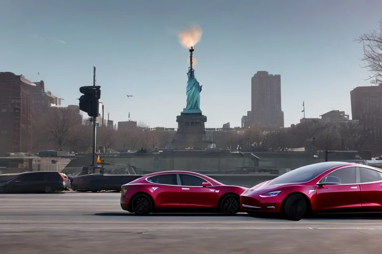 A Tesla 'Model 3' is drifting at top speed, near the 'Statue of Liberty' in New York. CINEMATIC. WIDE ANGLE LENS. PHOTO REAL.
