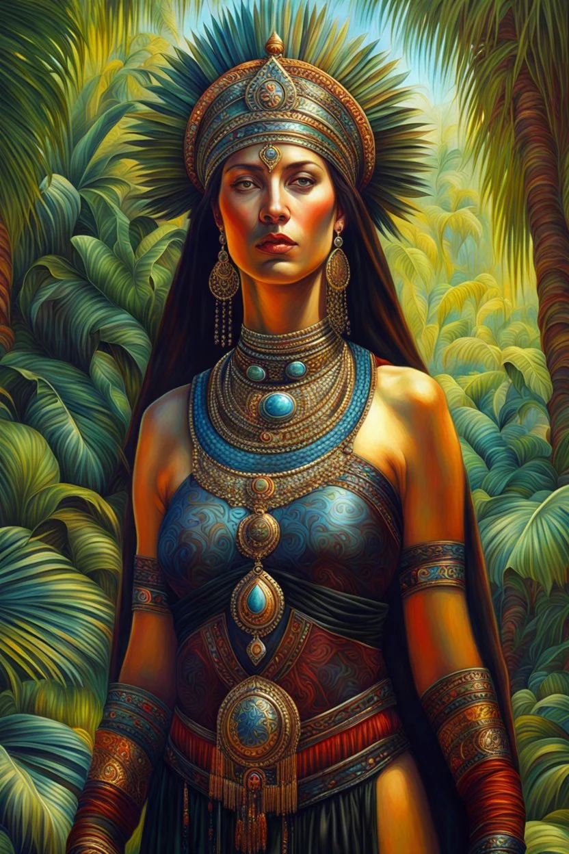 create a classical-abstract-realist sci-fi fantasy full body portrait painting of a nomadic tribal priestess with highly defined facial features, in a lush tropical landscape in the style of Donato Giancola, Hans Memling, Titian, and Caravaggio, 8k, highly detailed, otherworldly and fantastic