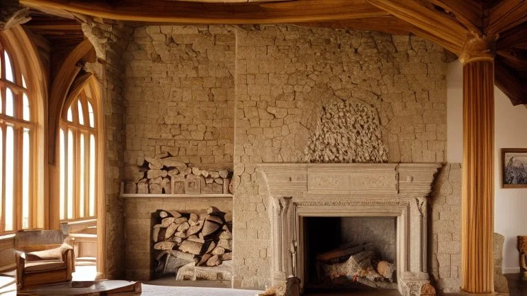 large fireplace in a great hall of a stone castle