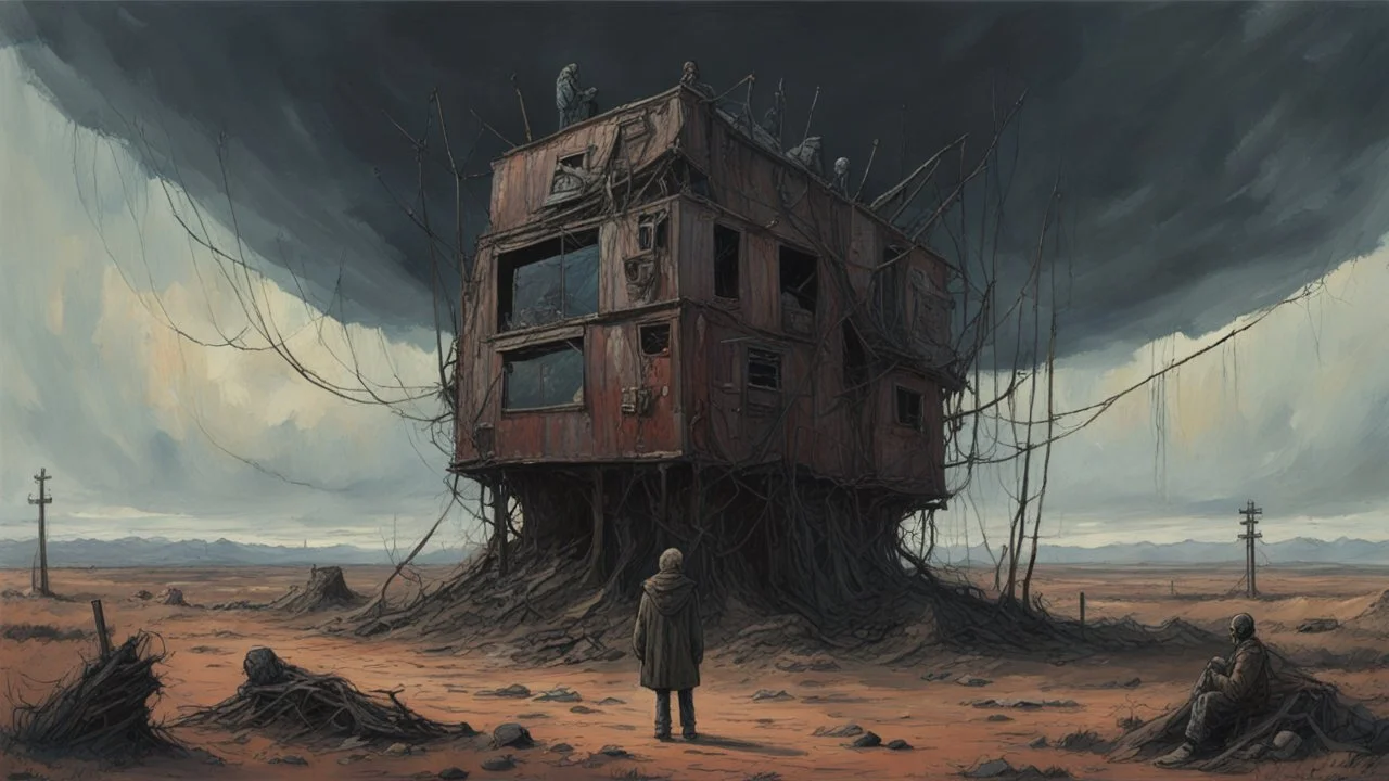 Eclipsed Dread, Macabre Enigmas, a Strange surreal world, techno western gothic, post apocalyptic art, neo cyberpunk renaissance, Science fiction painting, Denis Sarazhin Simon Stålenhag, Nicolas Bruno, sinister vibes, harsh survivalism, Peter Sallesen, Hamish Frater, ominous sky