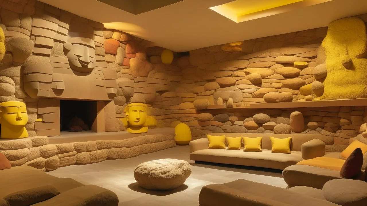 Une pièce construite à l'aide de grosses têtes, de pierres, de briques et de couleurs beige et jaune.