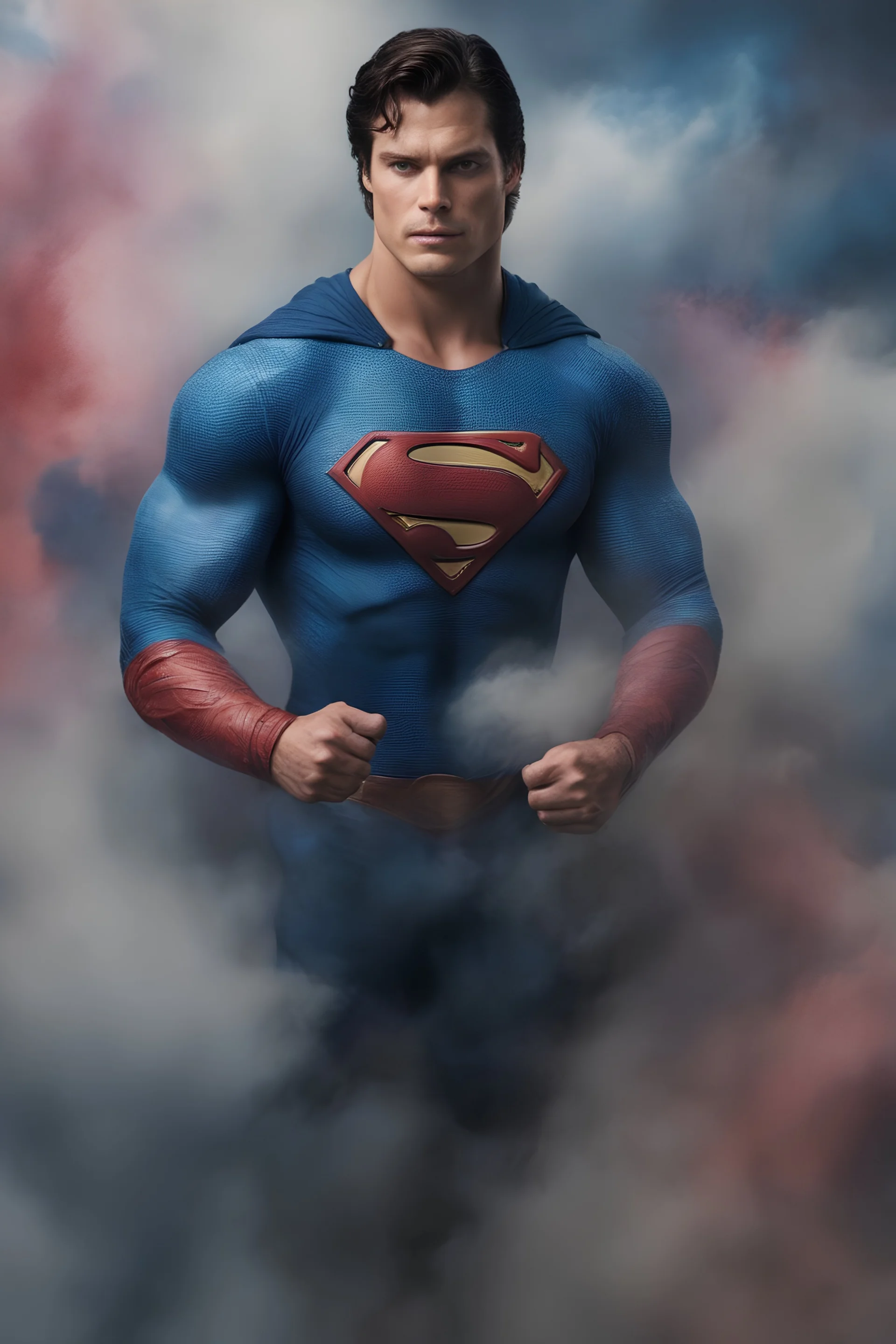 fChristopher Reeve/Henry Cavill Superman, new 52, extremely huge, overexaggerated muscles, posing and flexing in a front of the camera, random extreme action poses, an extremely colorful, multicolored foggy blue marble wall in the background with a colorful marble tile floor, multicolored lightning,