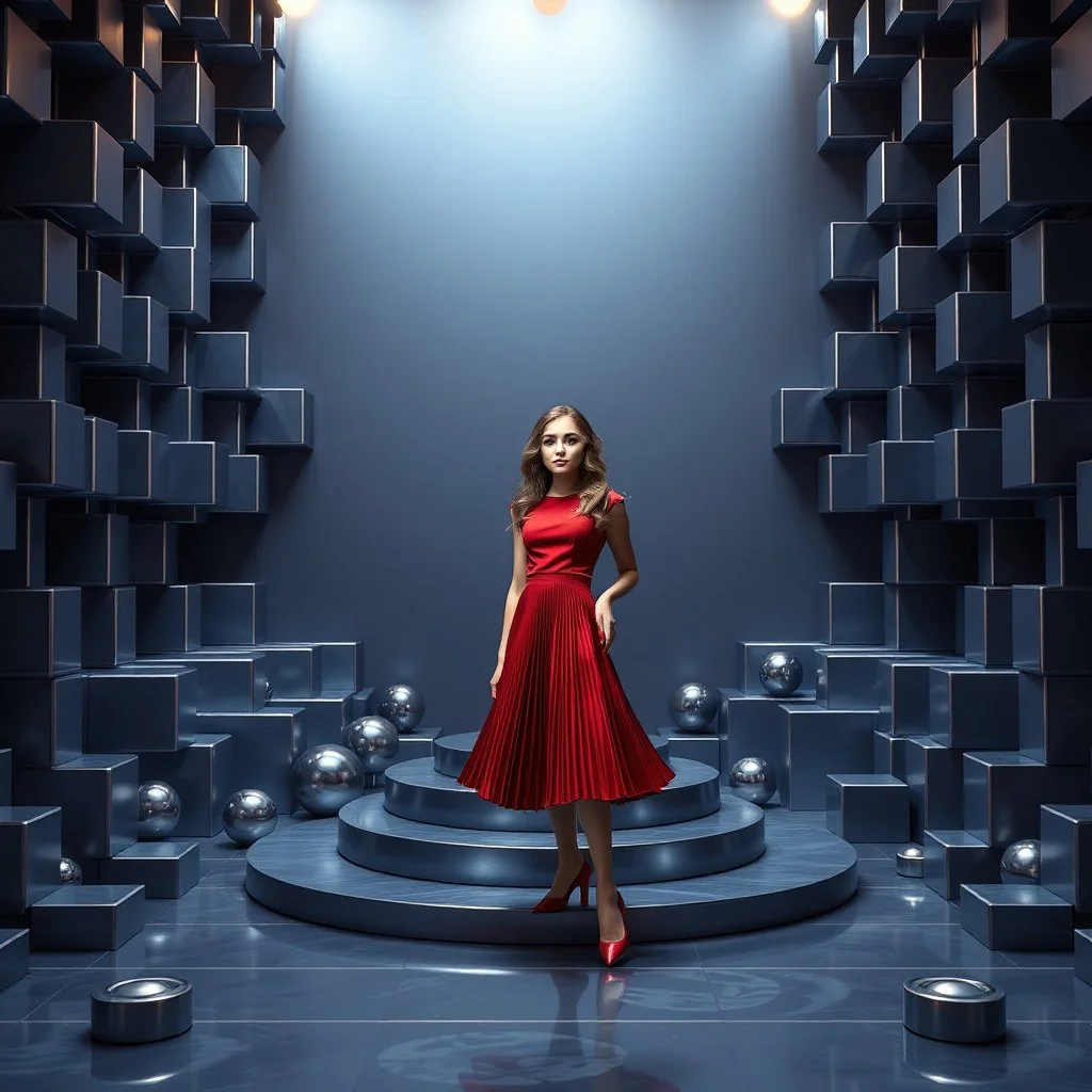 make a picture pretty stage made of metallic blue-gray teme 3d recursive cubic and sphere and cylinder base structures and a beautiful fashion model lady standing in scene with dark red top and pretty pleated midi skirt ,makeup curvy long hair,nice high heels,dynamic camera zoom to full body ,dynamic lights.