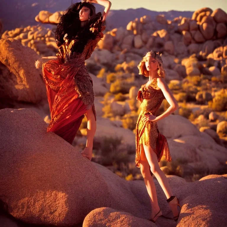 Isane pretty young woman Top Model in a stunning maximalist short flowy dark dress, vogue, 8k, ektar, joshua tree, fashion. golden hour cinematic, rebecca guay, frank frazetta.