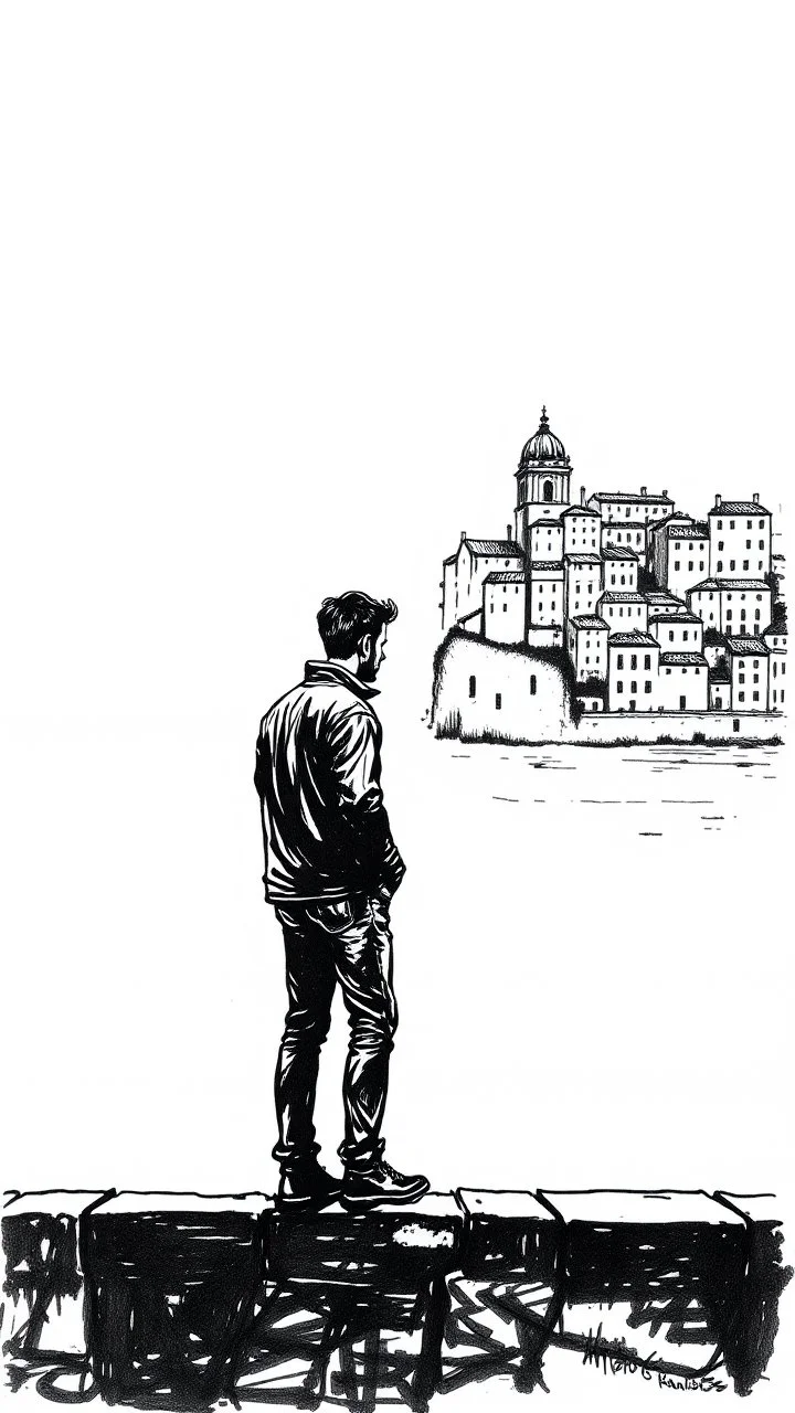 a man standing on Porto bridge, ink drawing style