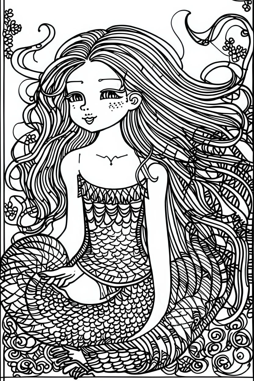 This captivating and delightful black line drawing is perfect for young artists. It features a charming and enchanting mermaid, waiting to be brought to life with colors by a 6-year-old child. The thick and bold outlines make it easy for little hands to color within the lines, fostering creativity and imagination. The mermaid is the centerpiece of the image, with her flowing hair, graceful tail, and a joyful expression on her face. The full undersea background adds depth and excitement to the s