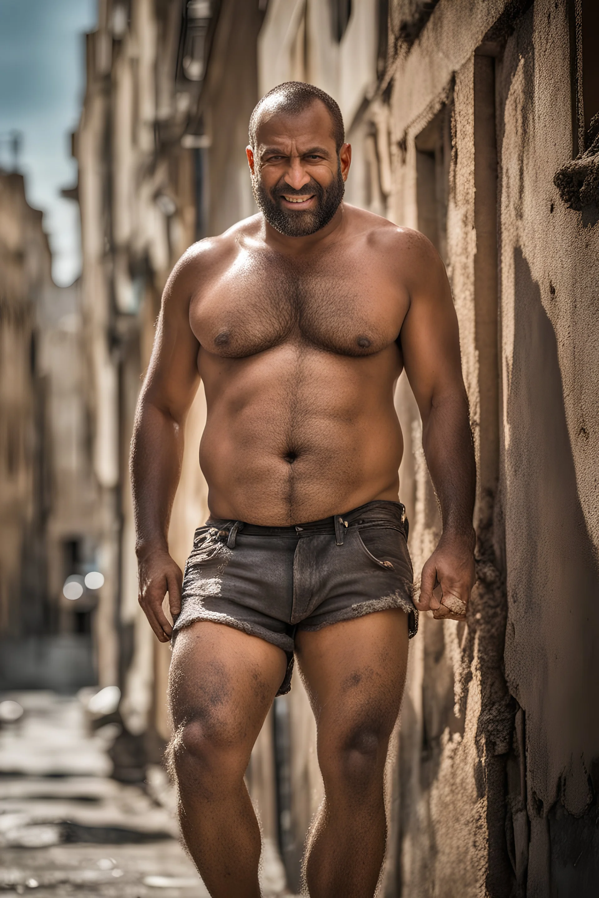 close up photography of an ugly 40 year old stocky robust burly marocan, wearing ripped work shorts, shirtless, leaning with his back on the wall, crossing arms, dirty, sweat, wet, ajar mouth, hairy chest, , very virile, short beard, shaved hair,, , in a sunny street, photorealistic , frontal view from the ground, view angle from bottom