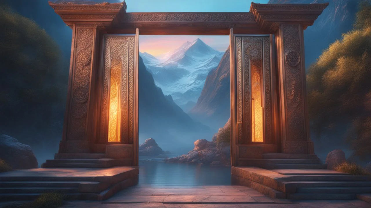 an ancient magical gate showing another world. mountains. cinematic lighting, hyper realisme, Hyperrealistic, splash art, concept art, mid shot, intricately detailed, color depth, dramatic, 2/3 face angle, side light, colorful background