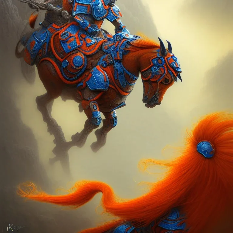 angry horse in orange and blue battle armor, a highly detailed illustration, background of Inka jungle, realistic render, 8 k, micro detail, intricate, elegant, centered, digital painting, Artstation, smooth, sharp focus, illustration, artgerm, tomasz alen kopera, peter mohrbacher, donato giancola, joseph christian leyendecker, wlop, boris vallejo