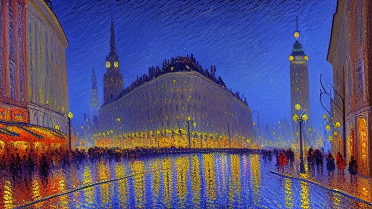 Modern city at night with modern cars, alfred sisley impressionism painting