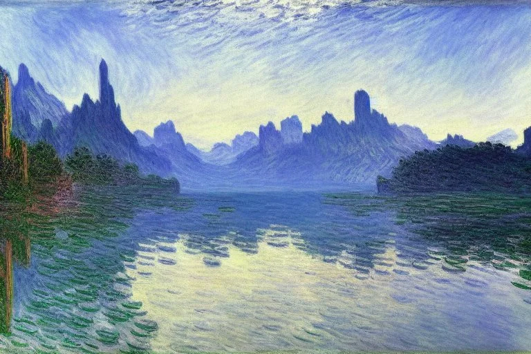 Mountains, Cyberpunk buildings, lake, science fiction, concept art, realistic vision, claude monet impressionism painting