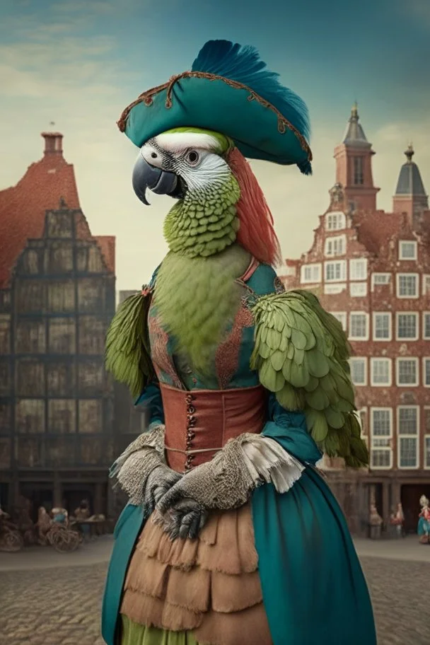 Female Half parrot half human in a 1700s outfit next to a Dutch city