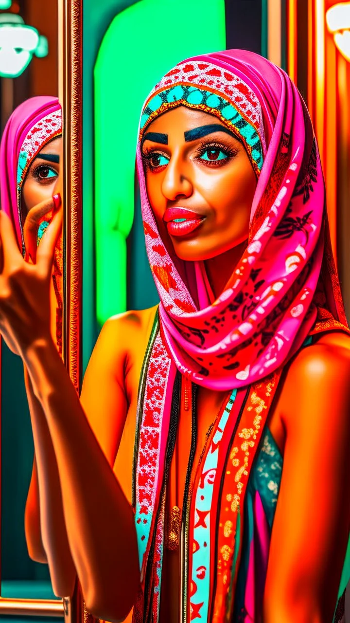 (((((((((petite arab woman puts on two piece bathing suit with delicate straps and takes mirror selfie), modelshoot style, (,photo of the most beautiful woman in the world, professional majestic (photography by Steve McCurry), 8k uhd, dslr, soft lighting, high quality, (film_grain:1