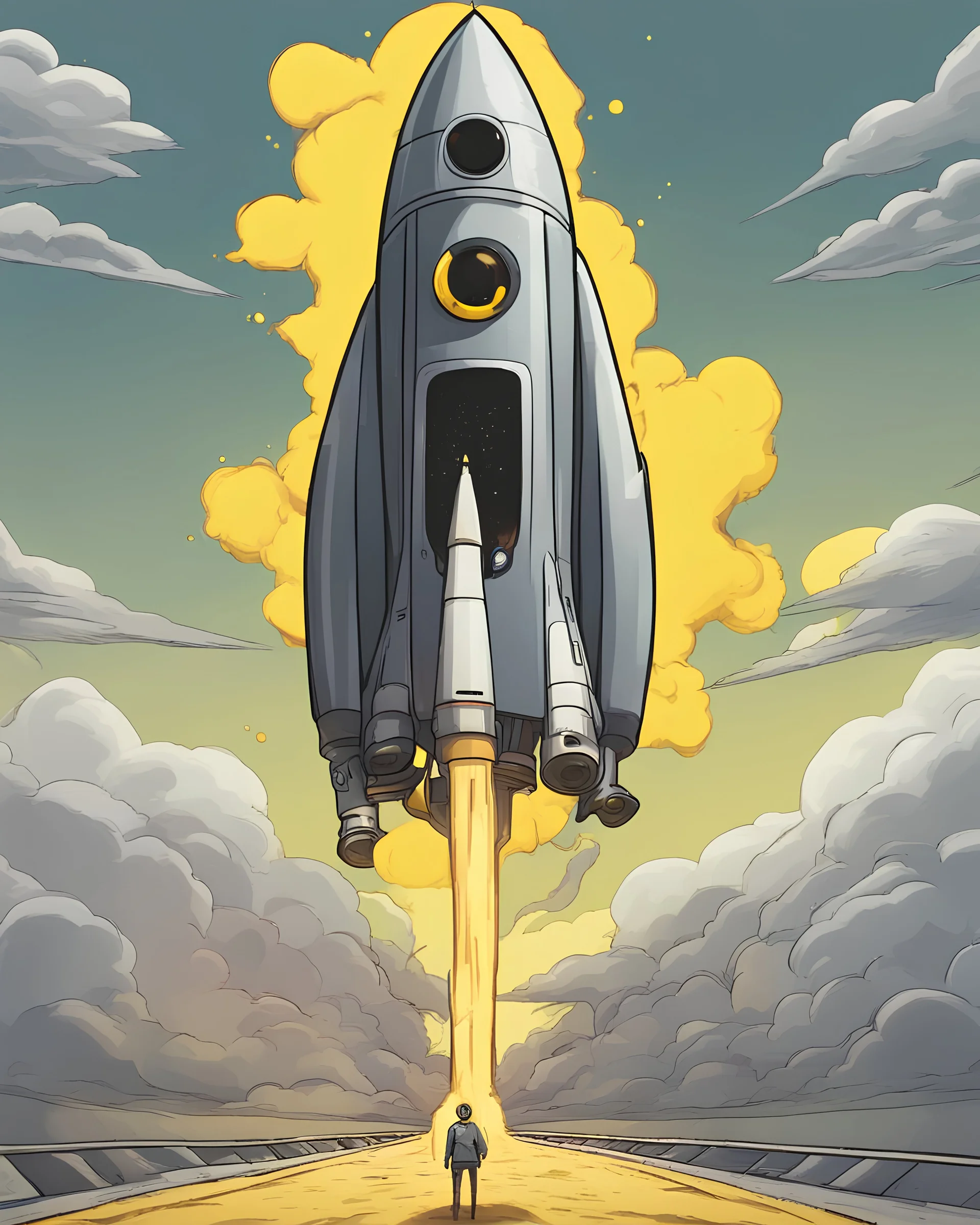 The has a black head with a yellow dot and rides on top of a rocket flying in the sky