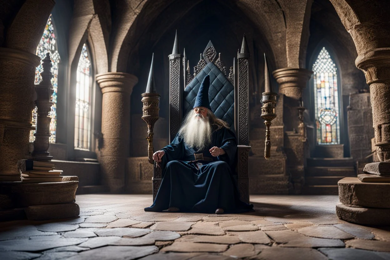 Interior of castle, wizard sits on throne