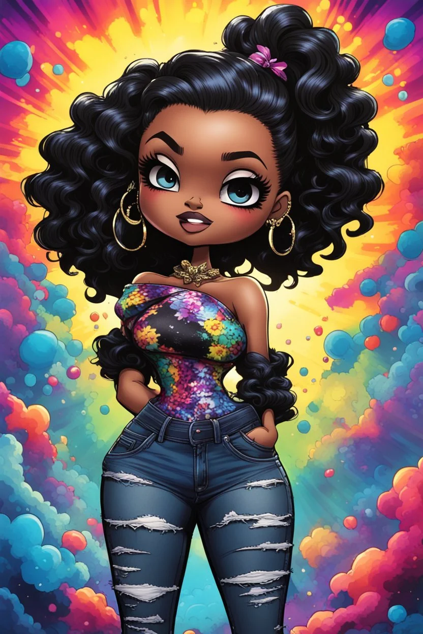 vibrant psychedelic comic book image, airbrush, 48k, cartoon art of a chibi curvy black female wearing torn jeans pants and a black tie dye off the shoulder blouse. Prominent make up with lush lashes. Highly detailed sleek wavy ponytail