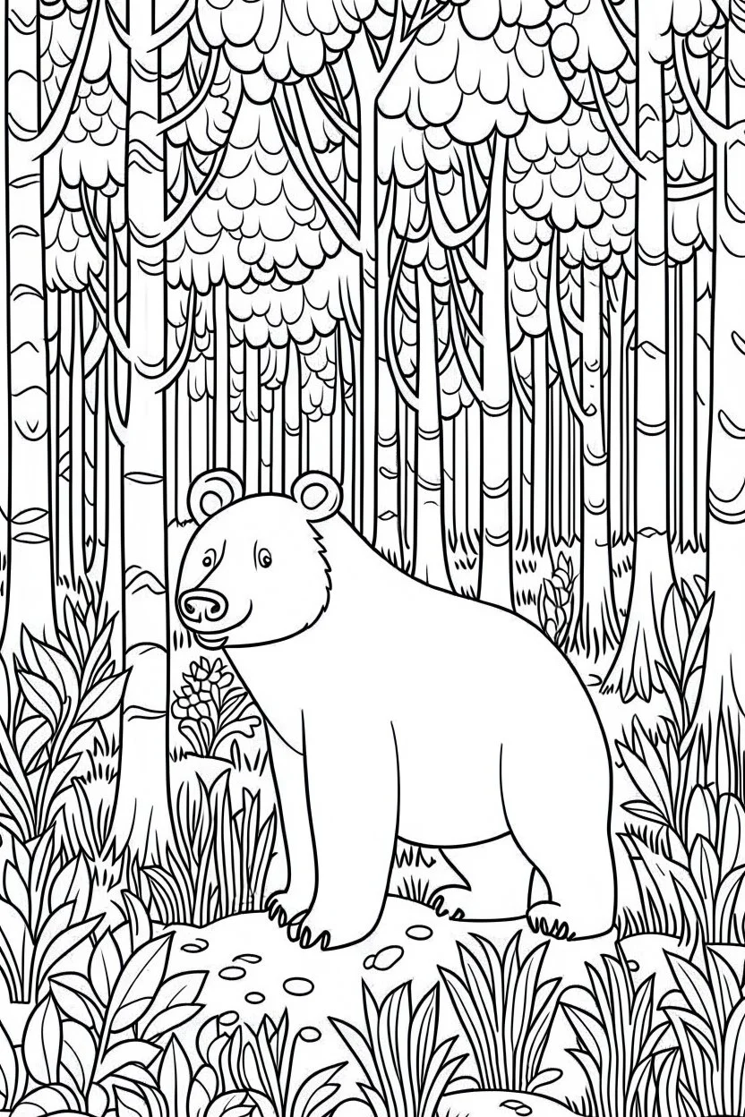 a brown bear in a charming European woodland., clean line art, monochrome, for kids coloring book