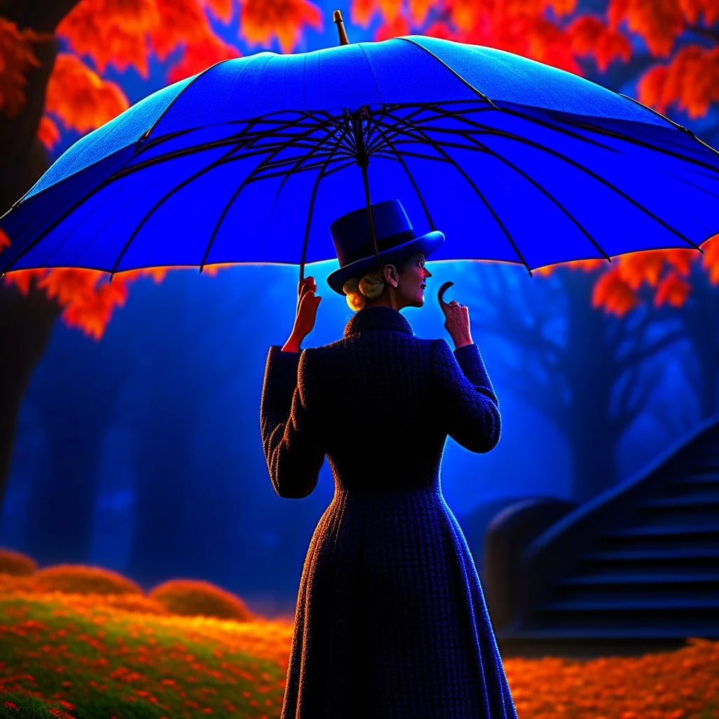 poppins with a spider umbrella on a mission through the seasons, hills and trees, motion blur, 8k, downlight, soft light, depth of field, photorealism, trending on art station, lotsa detail