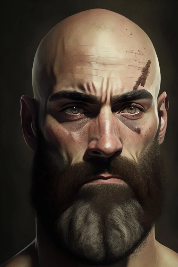 Portrait of a bald man, muscled, with quite-long brown beard, a black bandage covering his left eye