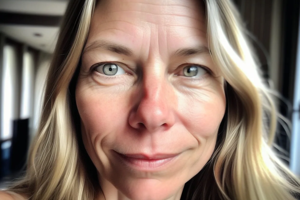 A selfie of a woman, middle long blond hair, showing a 39-year-old European woman. She has brown hair, face without makeup, cute nose, detailed full lips, skin texture. Natural lighting and low contrast