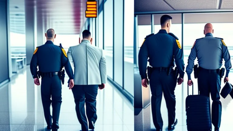 2 security officers escort annoyed traveling man from airport lounge