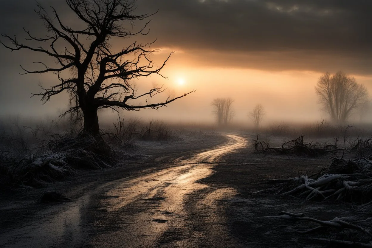 snowy landscape, a dirty iced road next to a tree on a foggy day, depressive moody sunset background, dry tree branches scattered in mud, dark iced swamp, full white snowy landscape , doom and gloom, grey clouds, snow dawn, snowy landscape, dramatic matte painting, melancholic mood