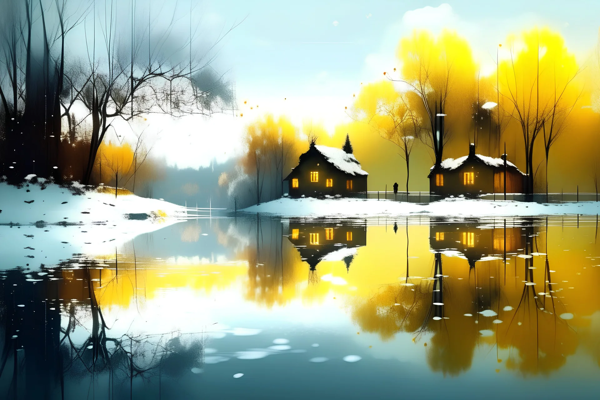 Landscape , winter, lit village, lake, snow, bright, cottonwood trees, old buildings, reflections, w , high detail,4k, in style of Anil Nene