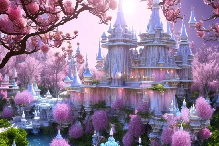 a magical crystal flower lys bougainvillier, blue gold house indian palace castle in the woods, magnolias pink,blue lake,sun,white swanns,pink vertical, blue lake,sharp, vines, candlelit, endor, ornate, elegant, highly detailed, artstation, concept art, smooth, sharp focus, illustration, 8k, splash art, wallpaper, key visual