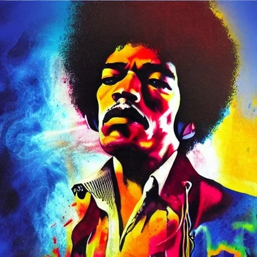 a realistic portrait of Jimi Hendrix at a turntable with headphones on being a DJ, vivid color