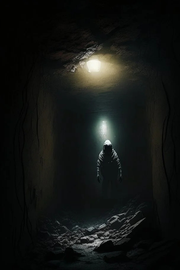 character in semi-darkness, on the scree cone of an underground room dimly lit by daylight coming from a well located forty meters above.