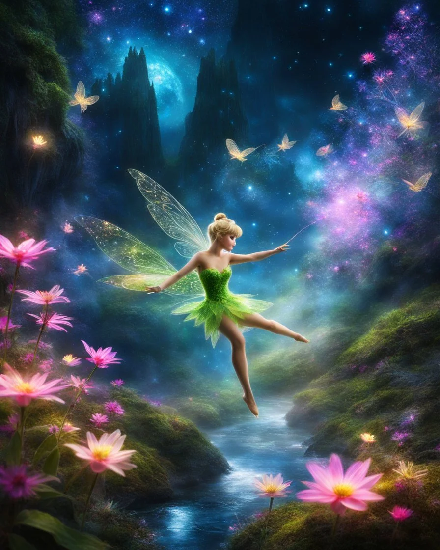 Beautiful Tinkerbell on flying in Landscape in a magical place with neon flowers and tiny fairies all in photography art