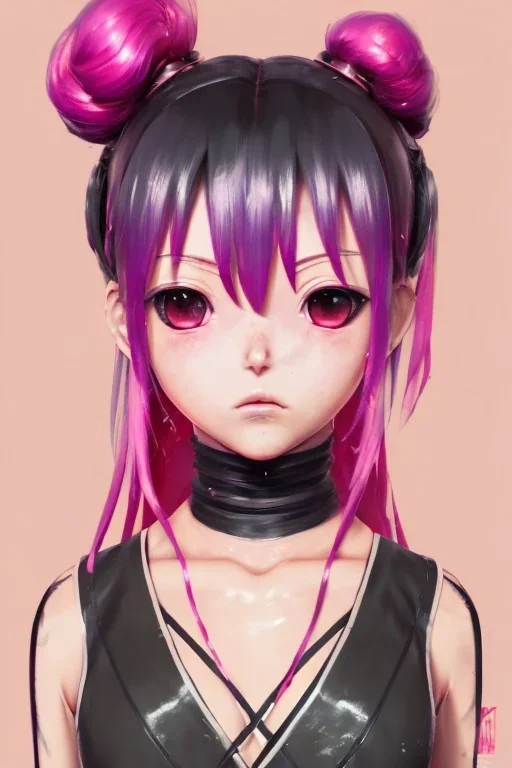 Detailed cute anime Kunoichi girl, pink hair buns, pink bangs, black latex bodysuit, intricate details, full body portrait, keep head in frame, slight smile, black Japanese motif, concept art, highly detailed, digital painting, concept art, sharp focus, illustration, art by Yoji Shinkawa, WLOP and greg rutkowski and alphonse mucha and artgerm and yanjun Chen and Junji ito and Makoto Shinkai, HDR, octane render