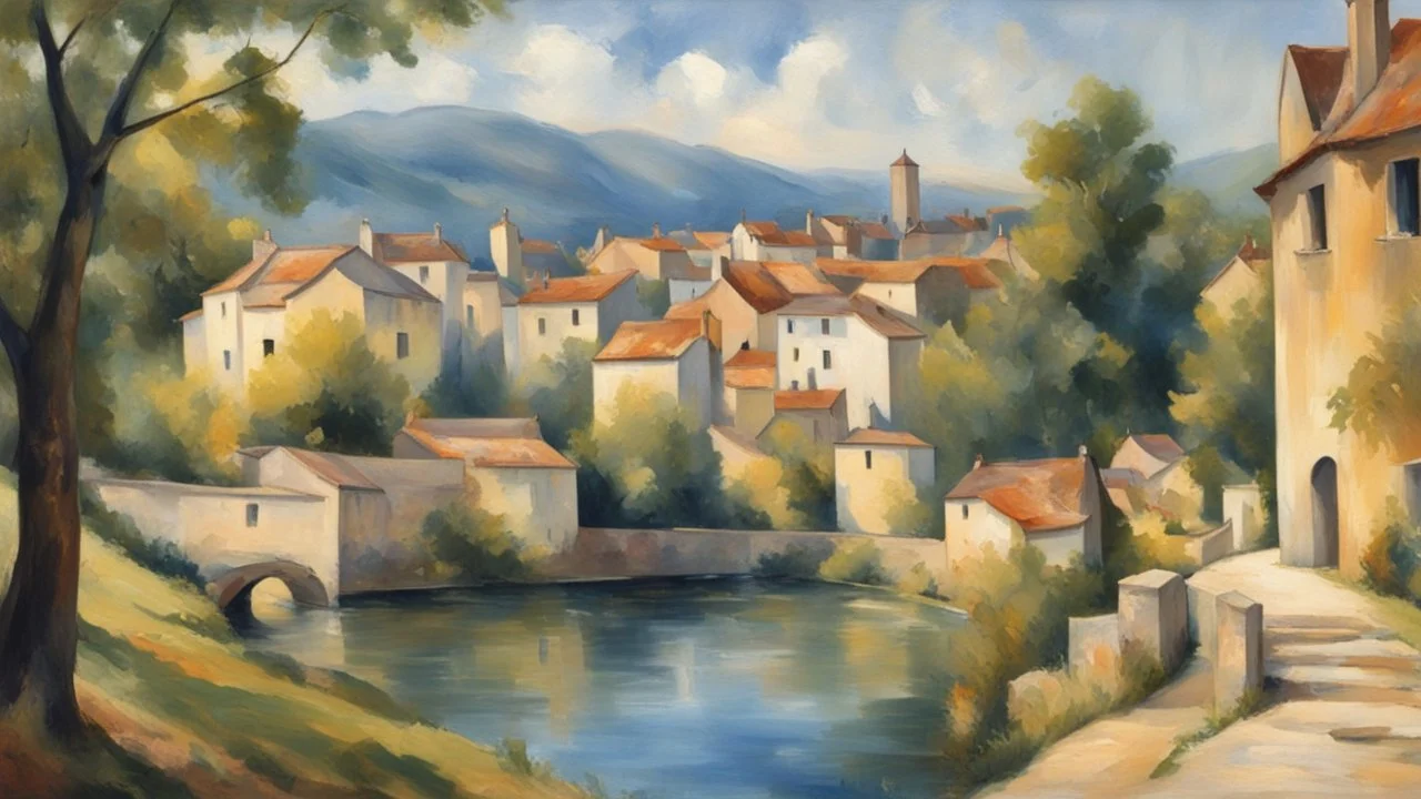 Style Cézanne, calm beauty, sunlight, French village with river, peaceful, beautiful composition, exquisite detail