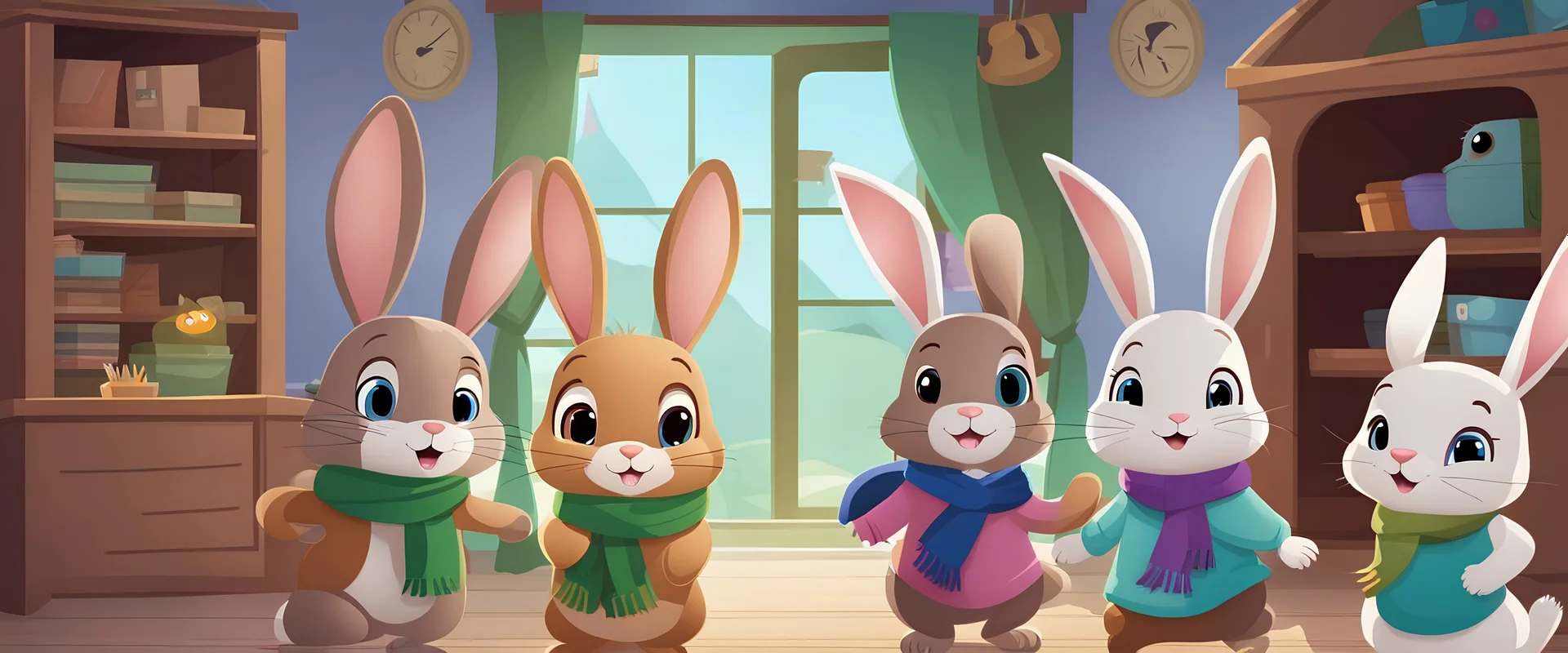 light brown rabbit wearing a green scarf, white rabit wearing purple scarf, dark brown rabit wearing blue scarf, hopping room to room, blue pet little house with twoo floors background, disney cartoon style