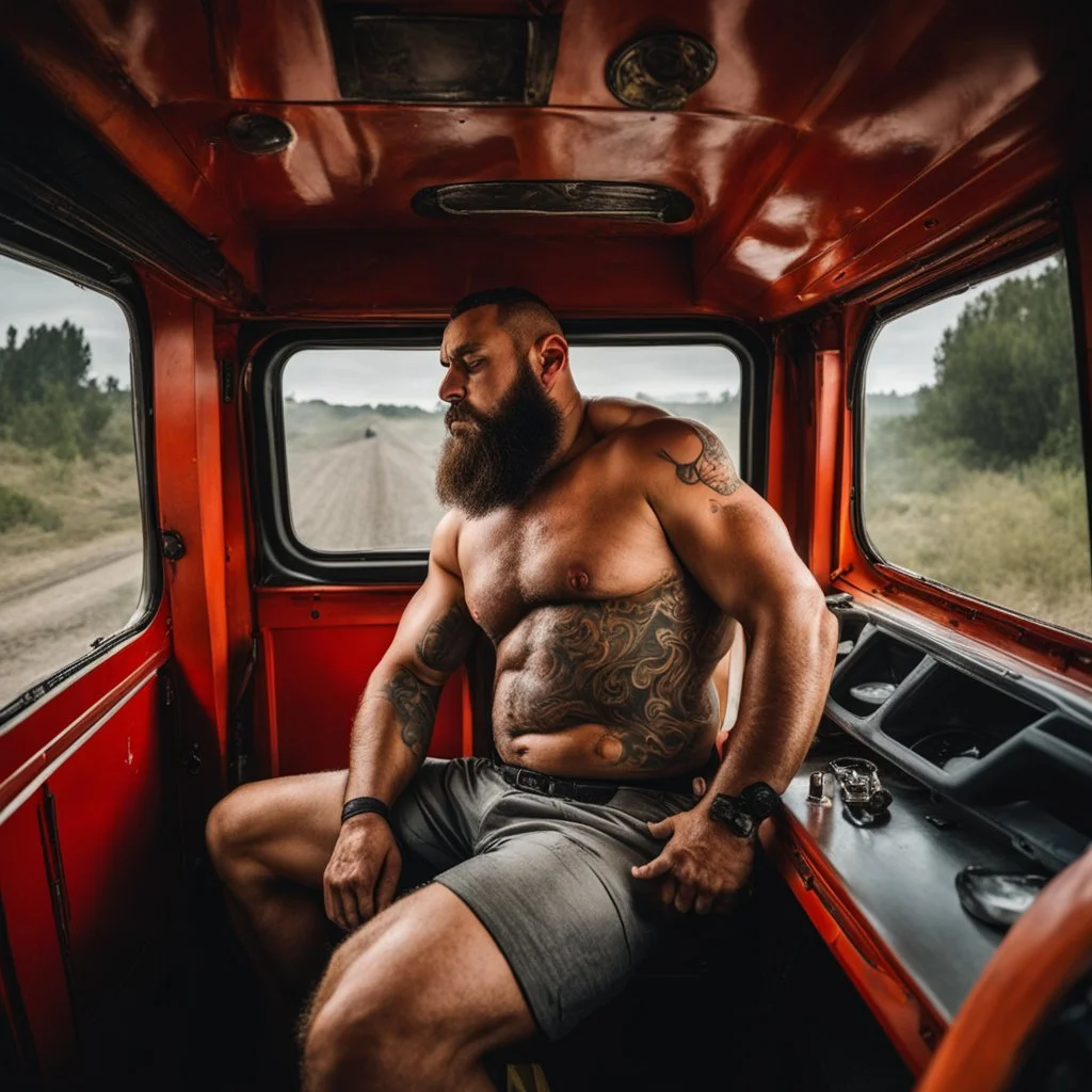 photography of a truck beefy driver sleeping in truck, inside cab,, sweaty , massive with tattoos and short beard, Romanian, muscular and manly chest, shorts, , seen from below