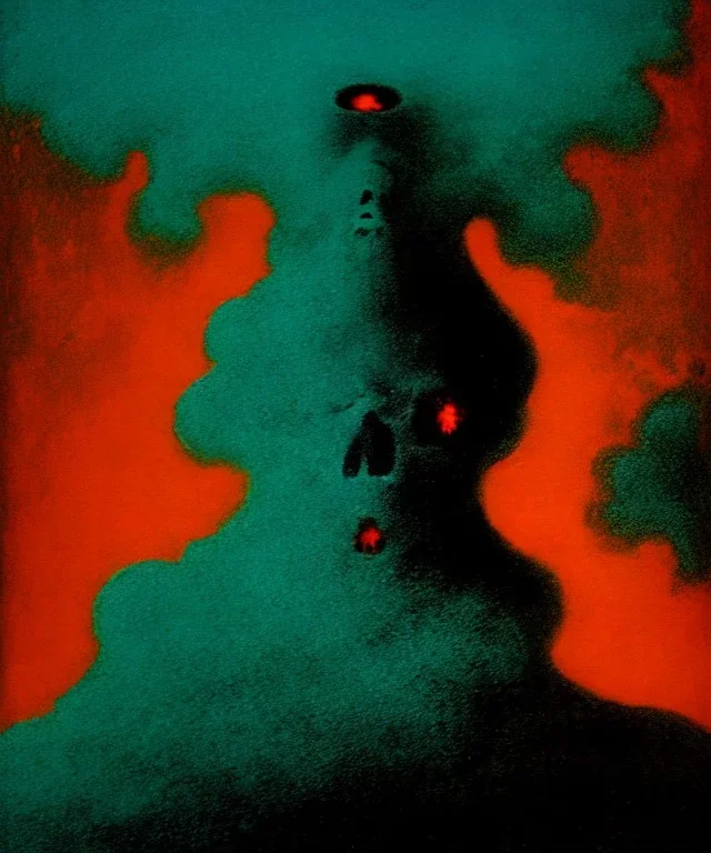 broken skull. black background. smoke and explode. particles in air. teal and orange. abstract. beksinski.