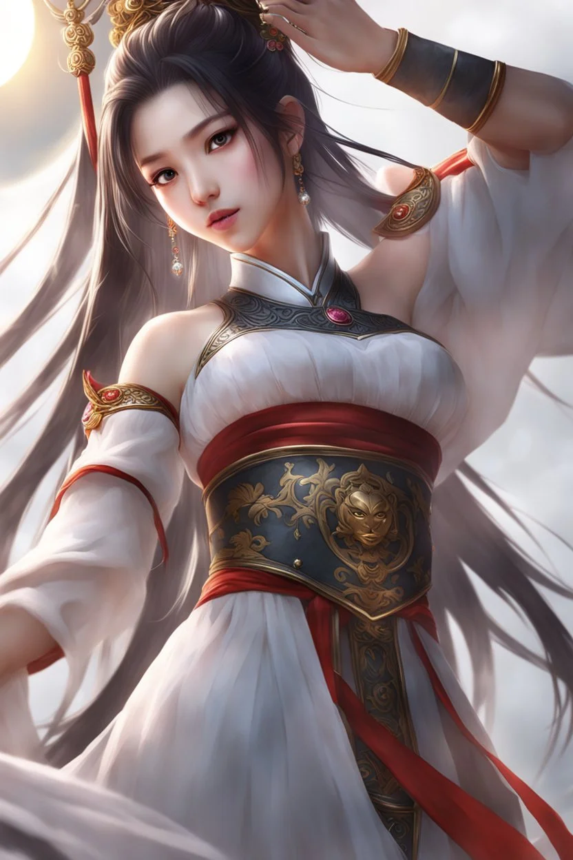 Photograph Best quality, masterpiece, ultra high resolution, pretty 1 girl's portrait close-up, flowing hair, real skin, jewelry, solo, Chinese clothing, armor,moon,blurry, realistic, Chinese Zen