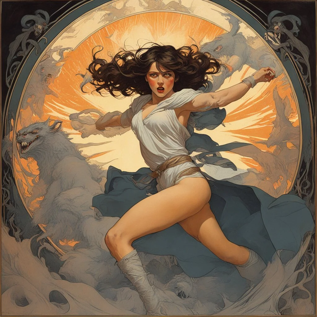 [art by Alphonse Mucha] powerful girl attacking a monster in a dark terrifying horror movie, spread legs, abrasive surface, black eye-liner