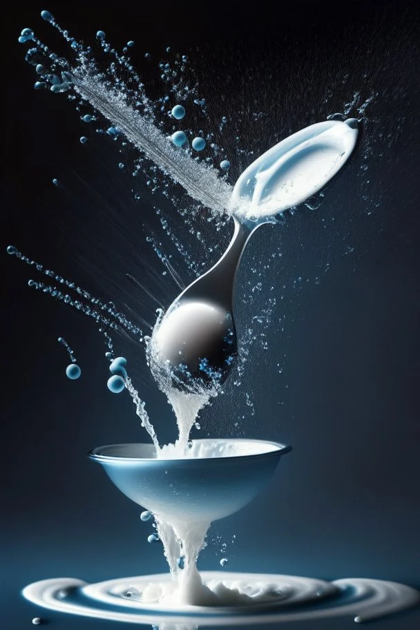 in focus, a jet of water flows into a spoon and splashes everywhere