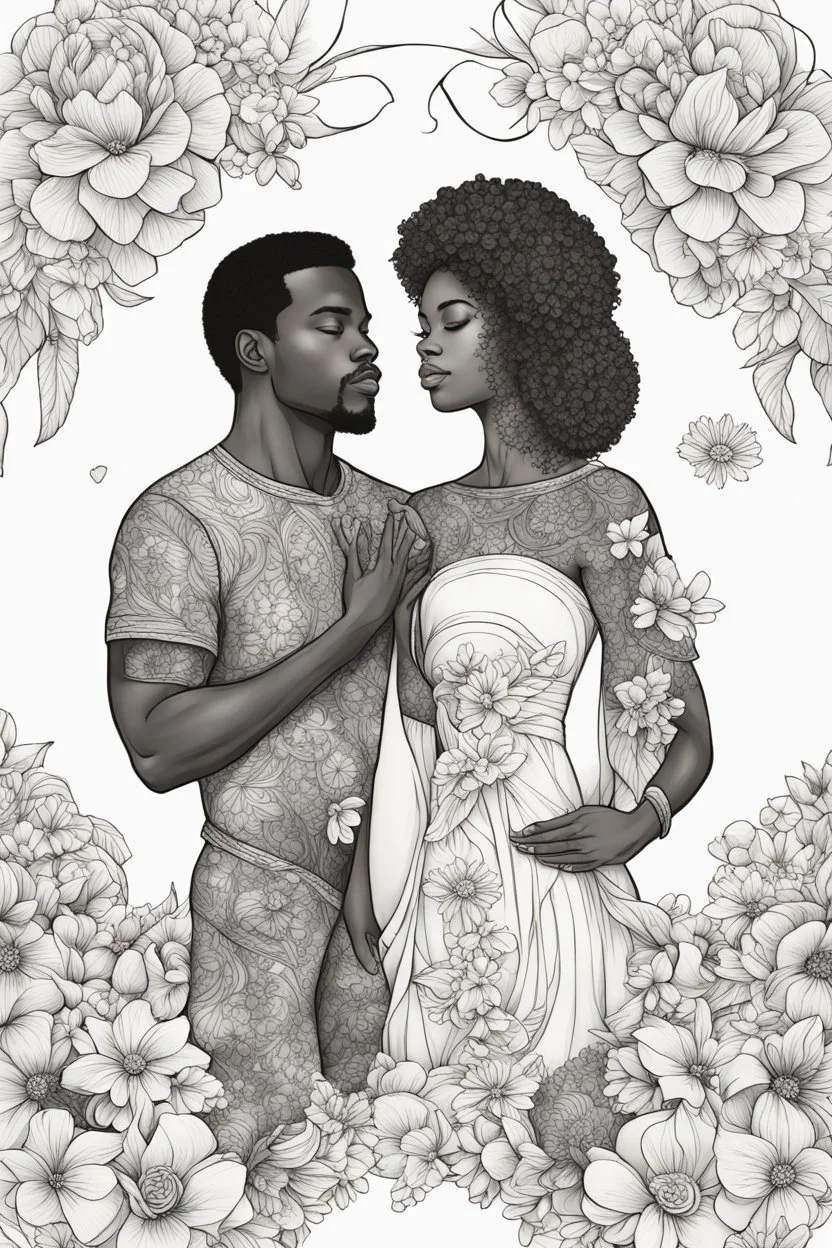 Create outline art of coloring page of a black couple surrounded by blossoming flowers symbolizing the growth and beauty of their love. white background, sketch style, half of body, only use outlines, Mandala style, clean line art, white background no shadows, no shading, no color at all and clear and well outlined.