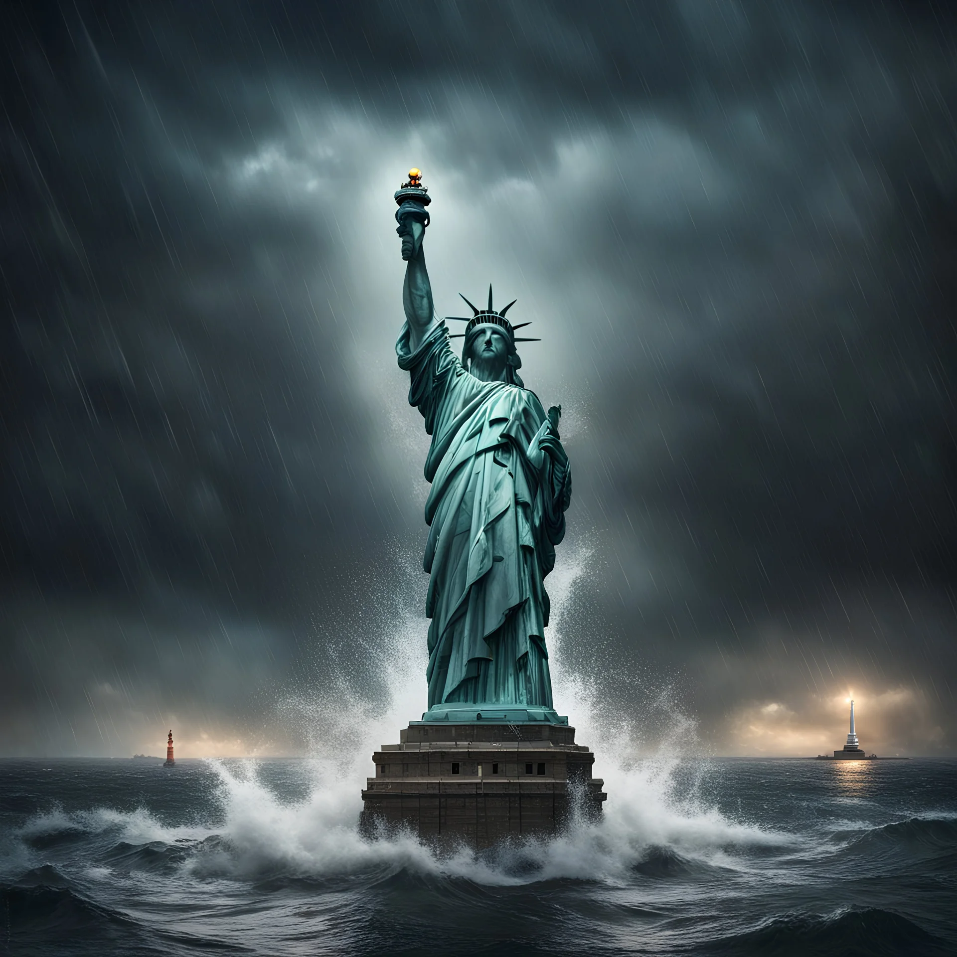 Hyper Realistic apocalyptic view of statue of liberty at dark rainy night between the sea with big wave splashes