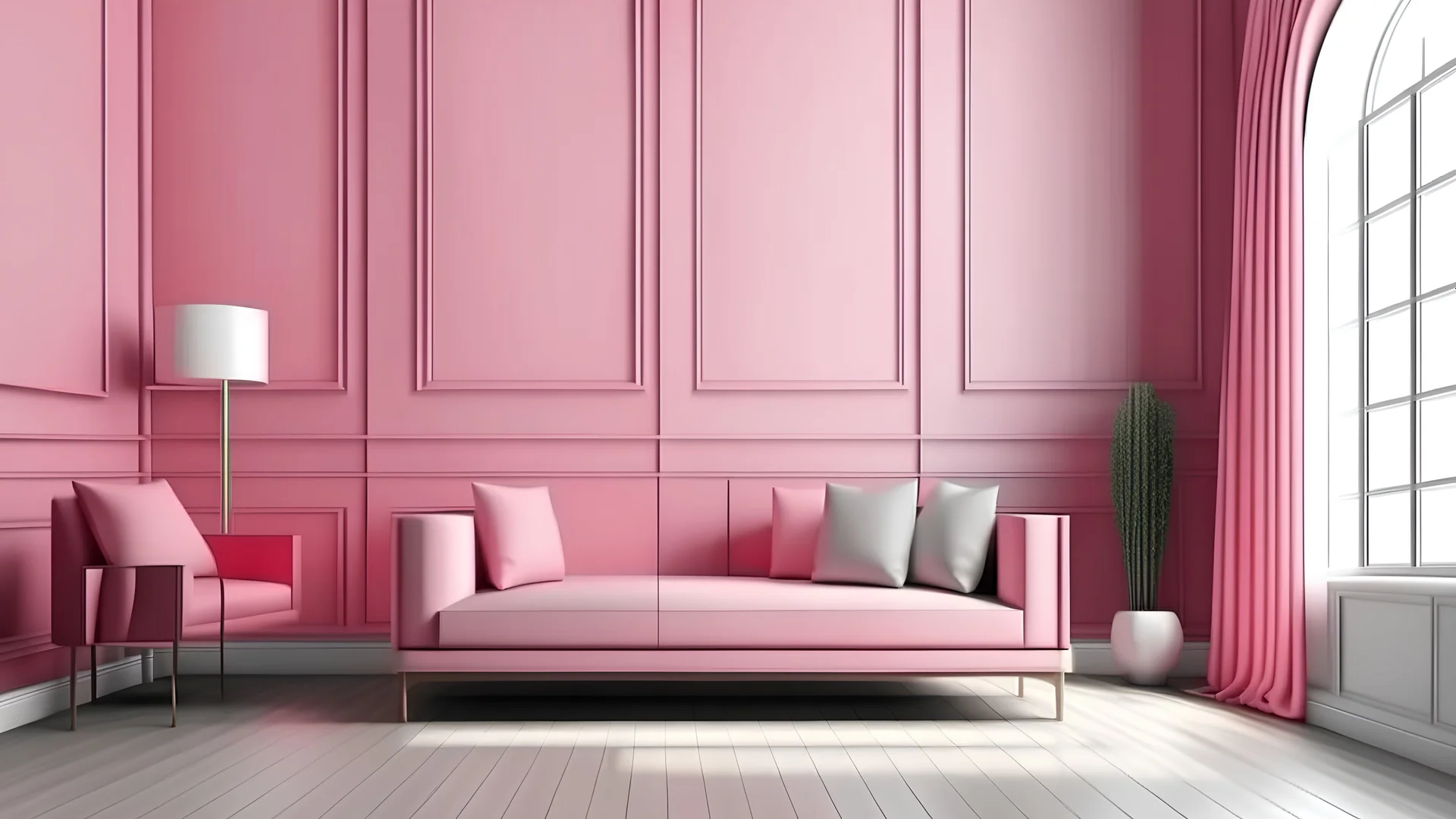 Living room have pink sofa and decoration minimal on two tone wall.3d rendering