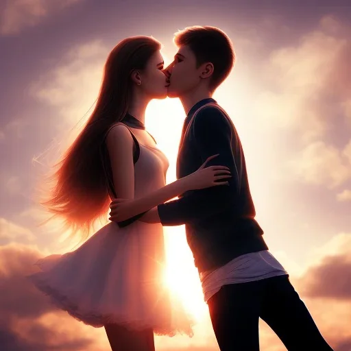 Boy and girl teens, kissing, sun, romantic, happiness,realistic