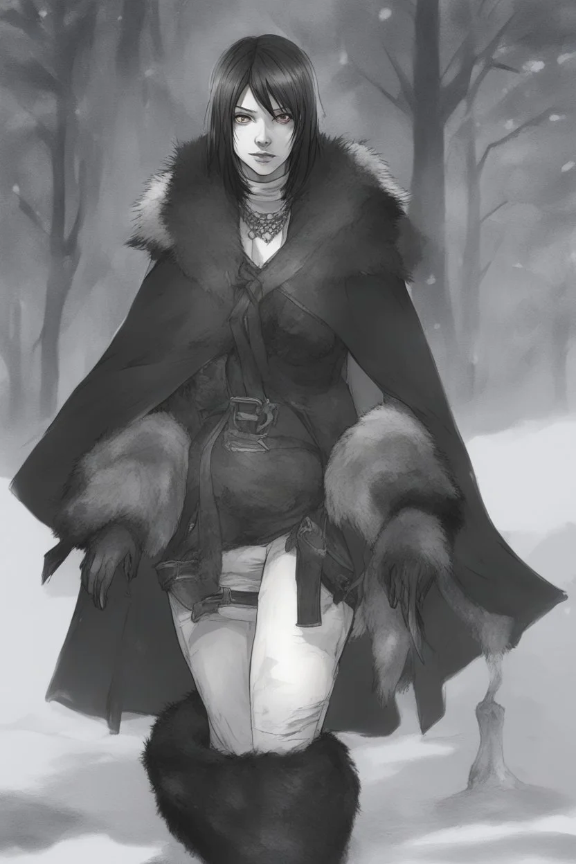 A dnd character sheet. A woman dressed for the cold north dressed in dark furs, with black hair