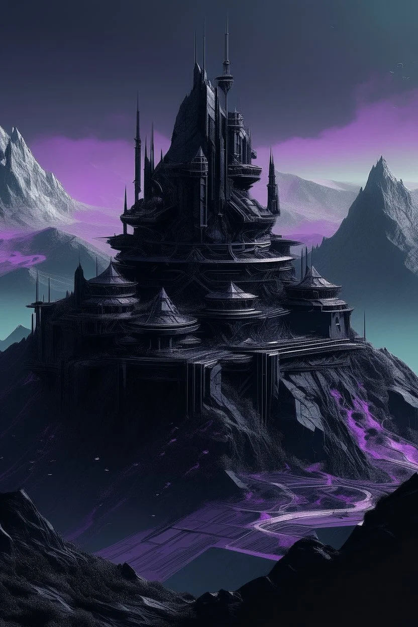A purplish black fortress on a mountain in Futurism art style